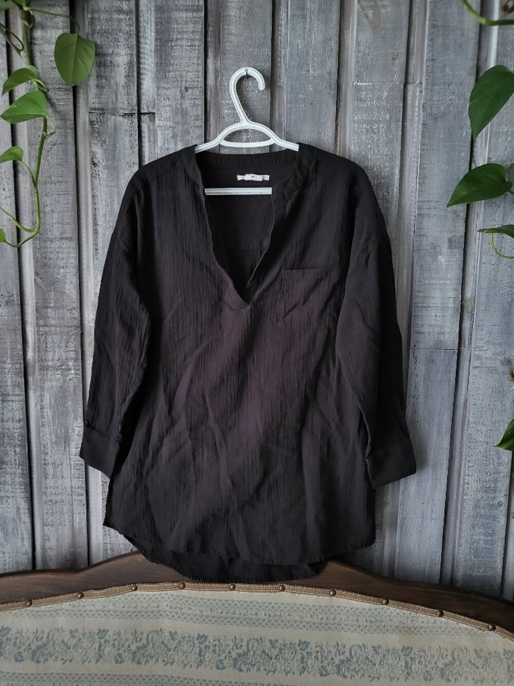 ONeill Black Gauze Cotton VNeck Tunic Blouse Shirt Pocket Small